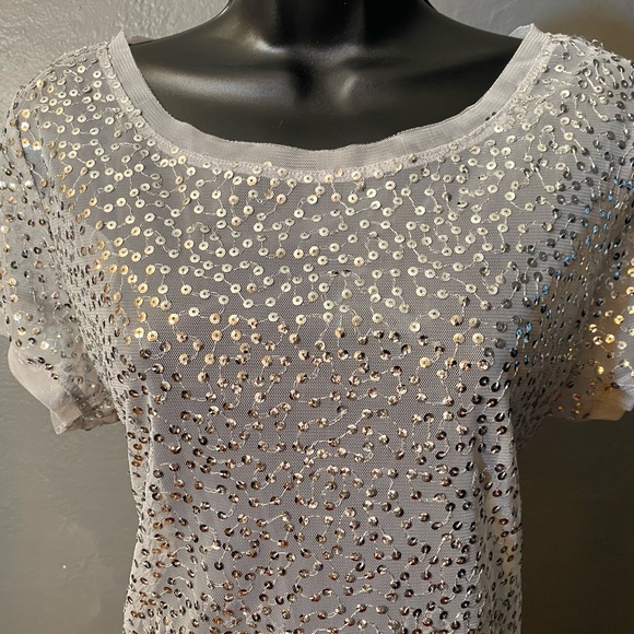 INC Semi sheer silver sequin short sleeve top - Picture 2 of 16